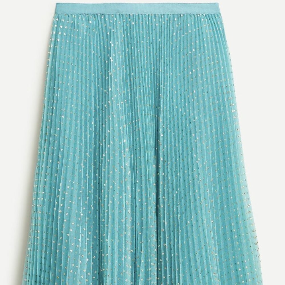 J.Crew Pleated Tulle A-line Midi Skirt in Mermaid Aqua Blue Metallic Gold Dot